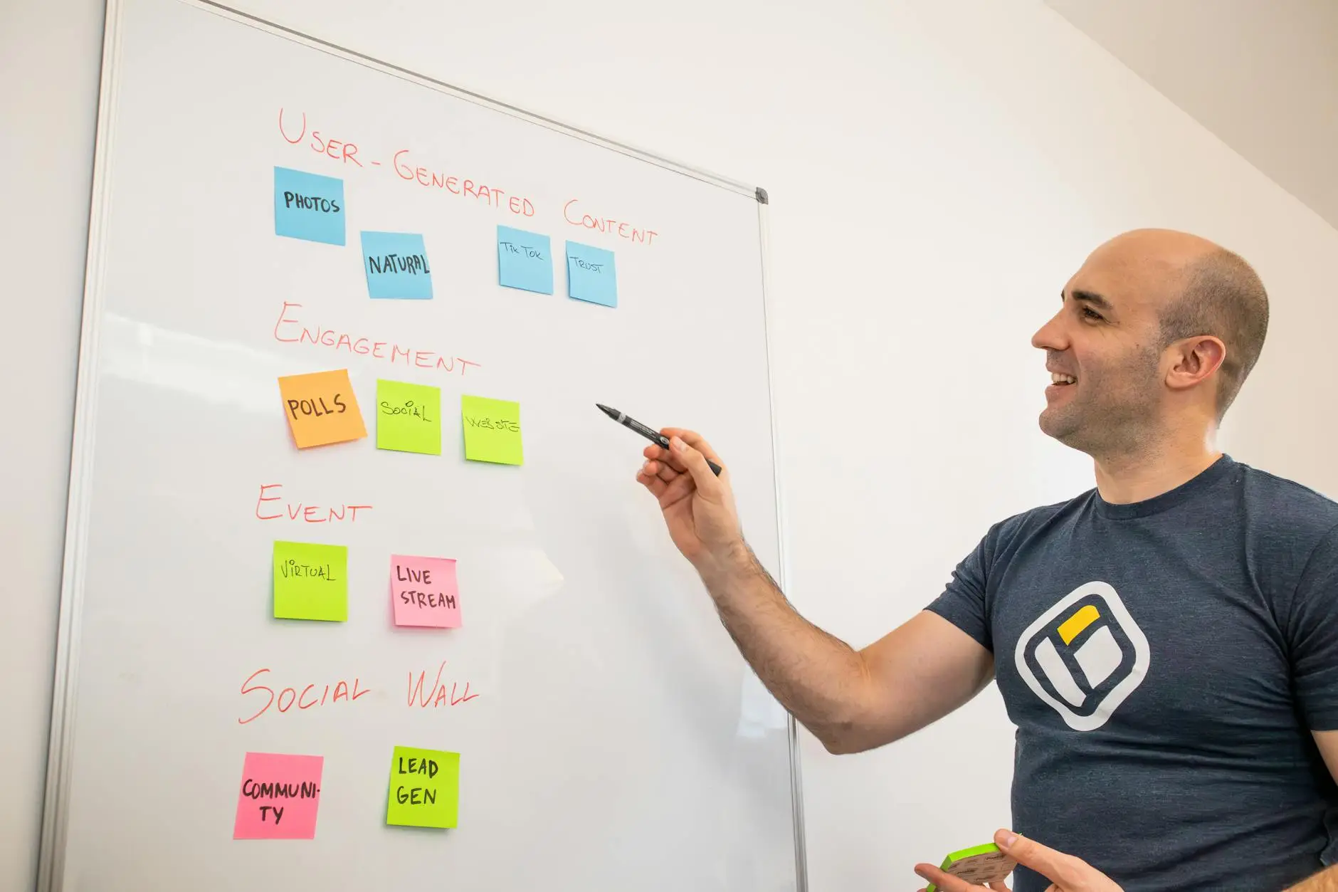 smiling man standing by whiteboard